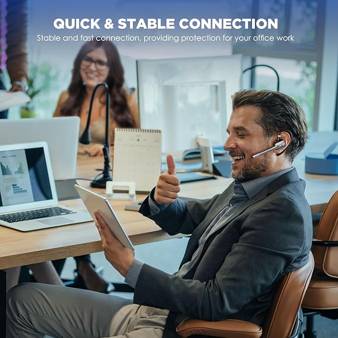 Bluetooth Headset, Wireless Bluetooth Earpiece with Dual-Mic & Noise Canceling, Single Ear Headset with Mute for Business, Remote Work, V5.3 Hand-Free Headset for iOS Android Cell Phone (Gunmetal)