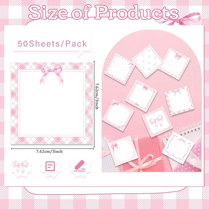 Pink Bow Sticky Notes Gifts - Lovarywow 9 Pack Pink Bow Sticky Notes Set 3x3 Inch Bowknot Post Notepads Gifts for Girls Women Cute Self Adhesive Memo Pad Office School Supplies 450 Sheets