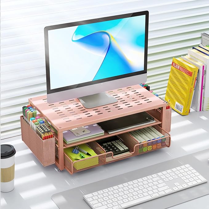 gianotter Desk Organizers and Accessories, Monitor Stand with Drawer and 2 Pen Holder, Desktop Organizer Suitable for Offices and Dormitories (Rose Gold)