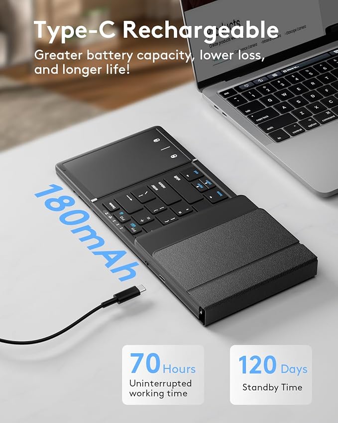 Samsers Foldable Bluetooth Keyboard with Touchpad, Full-Size Wireless Folding Portable Travel Keyboard for iOS Android Windows Mac OS, Support 3 Devices (BT5.1 x 3), Black