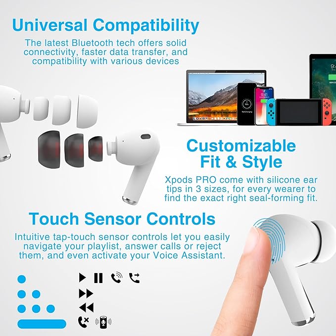 Naztech Xpods PRO Ear Buds - (White) True Wireless Earbuds Noise Cancelling Earbuds Wireless Bluetooth Earphone for Gym Sound Cancelling in Ear Headphones Fitness Earphones Includes Charging Case