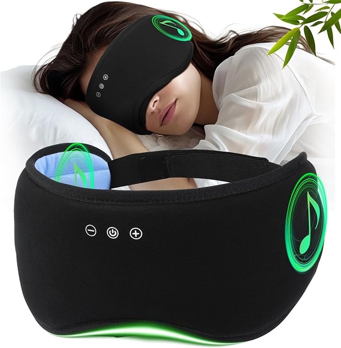 Sleep Headphones with Bluetooth 5.4 Sleep Mask, Bamboo Cotton Music Wireless Bluetooth Eye Mask for Sleeping, Earphones HD Speaker Microphone for Travel, Gifts for Men Women, Black