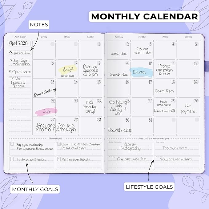 GoGirl Planner PRO Schedule - Undated Planner with Hourly Time Slots, Monthly, Weekly & Daily Organizer, Appointment Book for time Management, 7"x10" Hardcover, Lasts 1 Year - Lavender