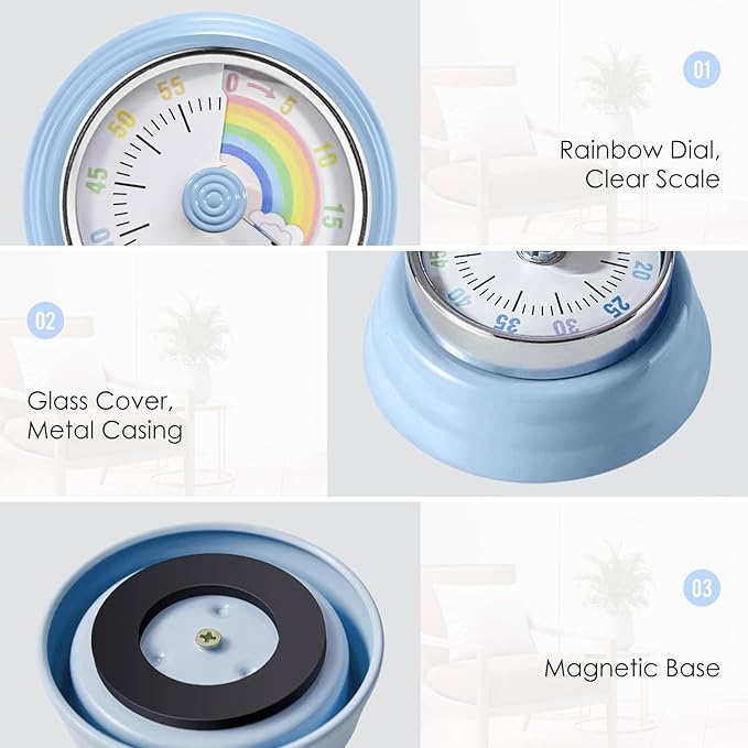 Visual Timer for Kids Rainbow Kitchen Timer with Magnetic Base 60-Minute Countdown Mechanical Ringer Alert Cute Time Management Tool for Children and Adults Study Work Cooking, Blue
