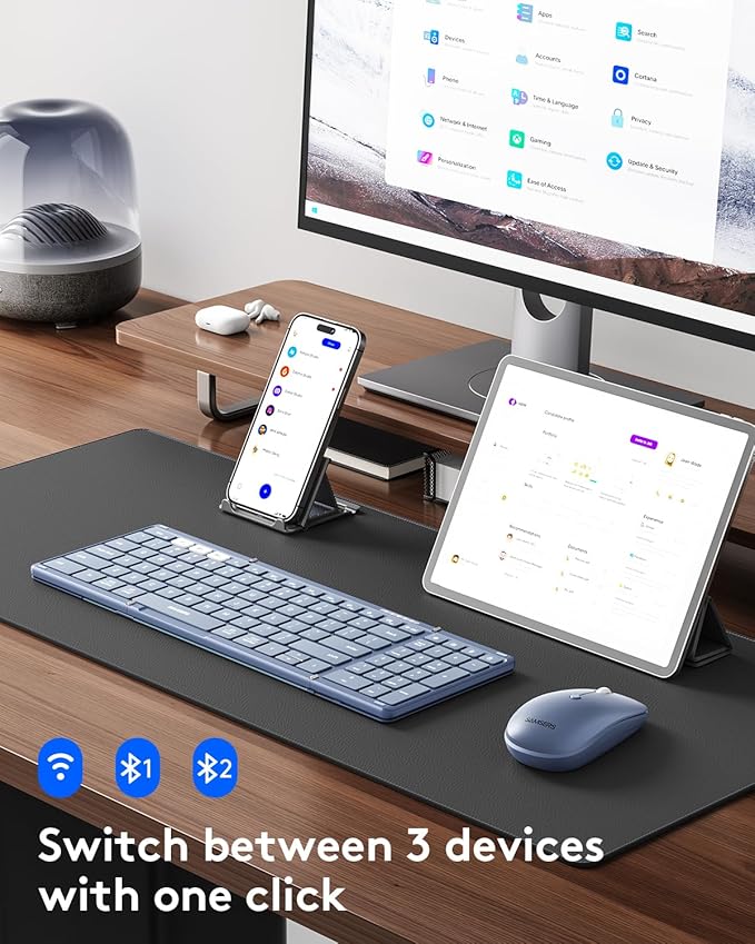Foldable Keyboard and Mouse, Samsers Folding Bluetooth Keyboard Combo, 2.4G + BT5.0 x 2, Full-Size Portable Travel Keyboard & Rechargeable Wireless Mouse for Windows Android iOS Mac OS, Blue