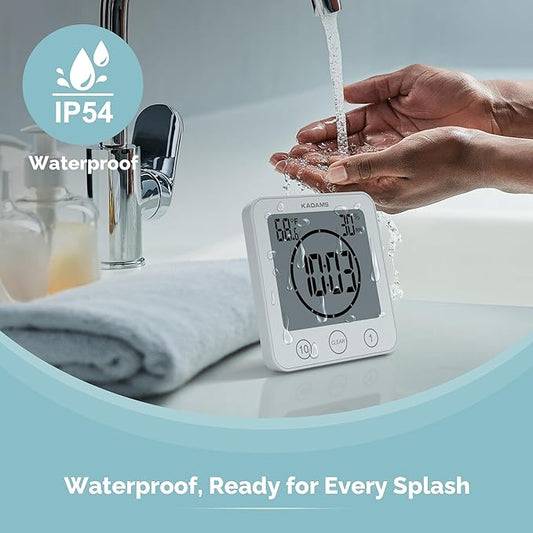 KADAMS Shower Clock Waterproof Bathroom Timer – Digital Wall Clock with Countdown, Magnetic Kitchen Clock with Temperature & Humidity, Suction Cup for Kids Shower Spa Sauna Cook Bath, White