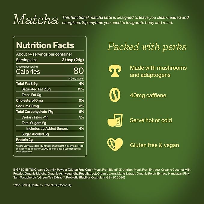 Clevr Blends Organic Matcha Green Tea Latte, Instant Ceremonial Grade, Superfood Powder Blend with Oat Milk, Lions Mane, Reishi Mushroom, Coconut Cream, Ashwagandha, Serve Hot or Iced, (14 Lattes)