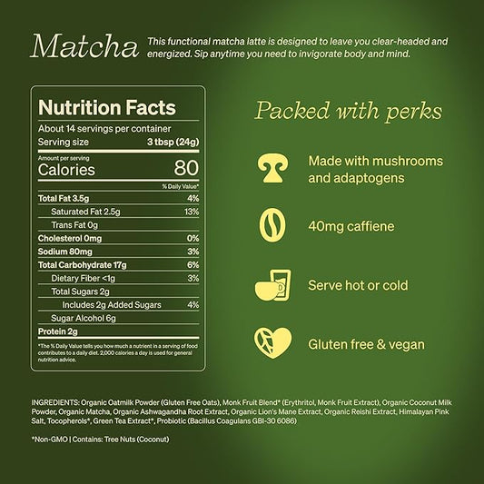 Clevr Blends Organic Matcha Green Tea Latte, Instant Ceremonial Grade, Superfood Powder Blend with Oat Milk, Lions Mane, Reishi Mushroom, Coconut Cream, Ashwagandha, Serve Hot or Iced, (14 Lattes)