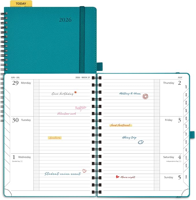 POPRUN 2026 Weekly and Monthly Planner Calendar, January 2026 - December 2026,Medium-6.75" x 8.75" Spiral Bound Appointment Book, Includes Monthly Tabs, Inner Pocket,Soft Cover - Pacific Green