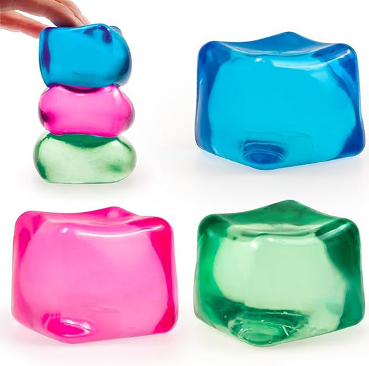 Stress Cube – 3-Pack High-Density Gel-Filled Ice Cube Squishy Fidget Toy for Anxiety Relief, Slow Rising, ADHD & Focus Aid, for Kids & Adults, 2.1", Blue, Pink & Green