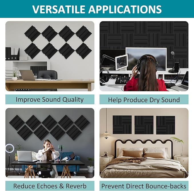 TroyStudio Thickened 12 X 12 X 3 Inch Acoustic Foam Panels in Diffusion Pattern, 12 Pcs High Density Sound Absorbing Foam Diffuser, Soundproof 3D Wall Padding Tiles for Recording Studio Home Office