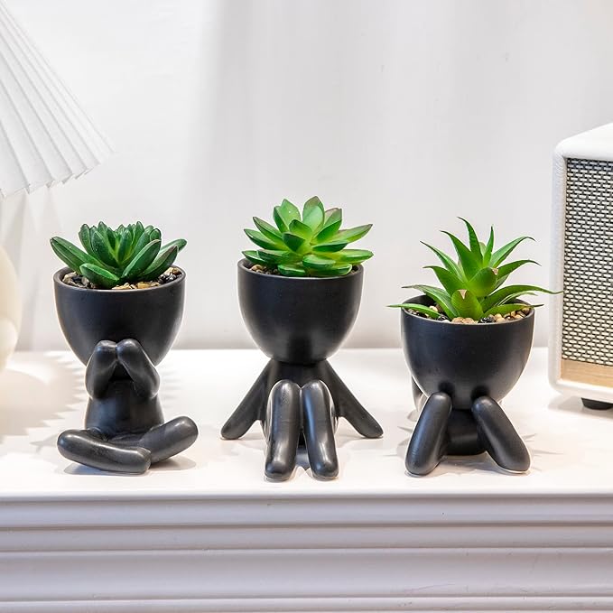 3PCS Human-Shaped Potted Artificial Plants Office Decor for Women and Men, Small Fake Plants Decor for Bedroom and Bathroom, Cute Faux Succulent Desk Decor for Office and Home, Black