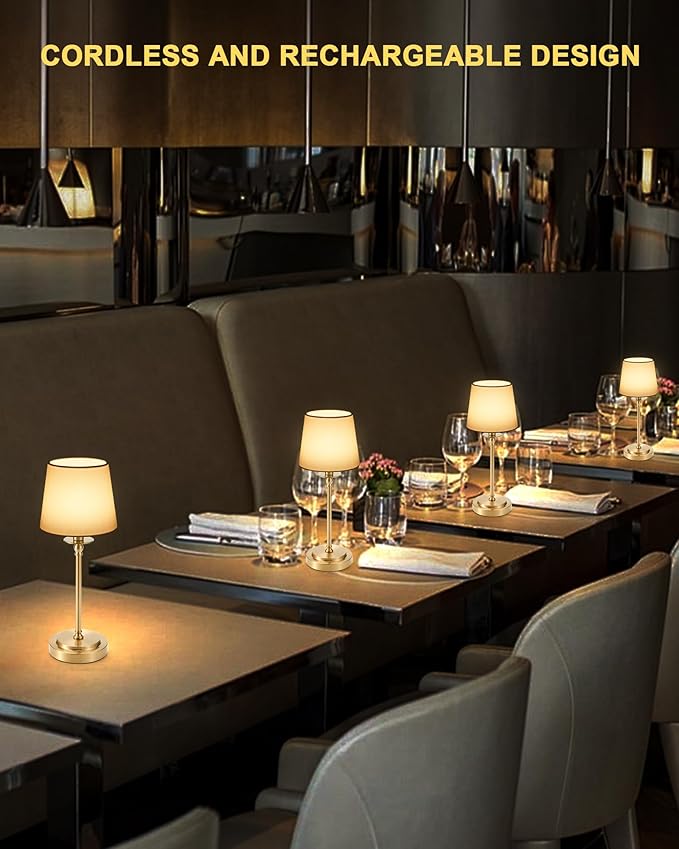 Egobasic Cordless Rechargeable Table Lamp with Remote, Small Portable Battery Operated Lamp with Timer, 12 RGB Lighting Dim, Restaurant Dining Bed Side Table Night Lights, Fabric Shade, Antique Brass