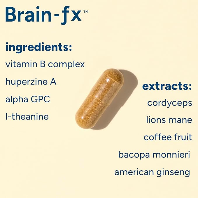 Brain-fx™ B Vitamins & Herbs for Memory and Focus, Nootropic Supplement, Methylated B Complex Choline Bacopa Lions Mane Cordyceps Mushroom Coffee Fruit Extract Alpha GPC L Theanine Huperzine A - 60ct
