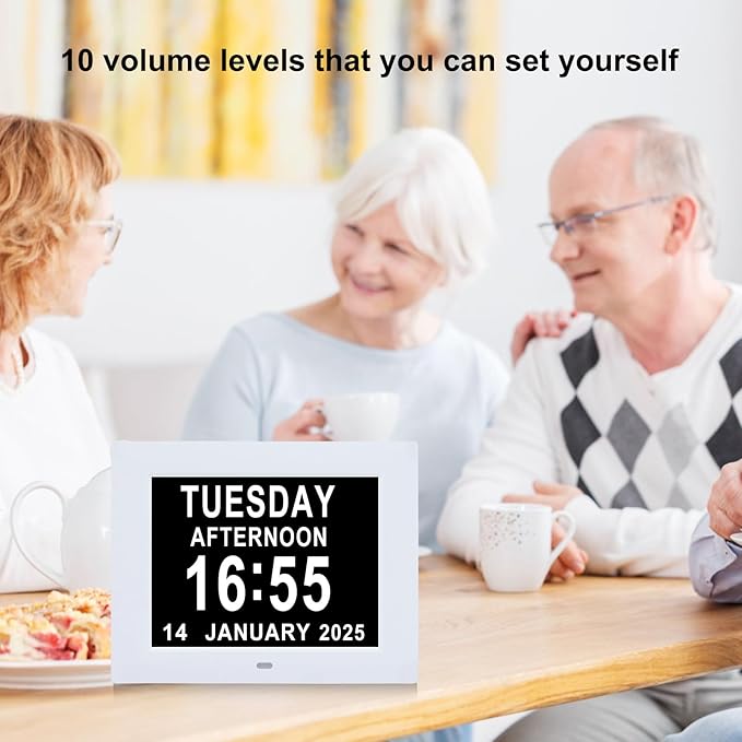 Digital Dementia Alarm Clock 8 inch Large Display, Electronic Calendar Clock with Day and Date for Elderly,3 Time Period Oversized Character Drug Reminders Clock for Dementia Elderly Patients