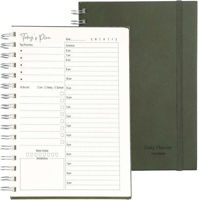 PATIKIL Undated Daily Planner with Hourly Schedule, A5 5.5"x 8.5" To-Do List Hard Cover Spiral Notebook Appointments Planner with Inner Pocket to Organize Daily Tasks Agendas, Green