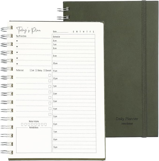 PATIKIL Undated Daily Planner with Hourly Schedule, A5 5.5"x 8.5" To-Do List Hard Cover Spiral Notebook Appointments Planner with Inner Pocket to Organize Daily Tasks Agendas, Green