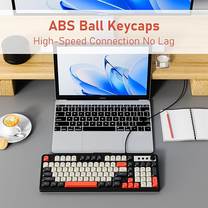 EWEADN G98 RGB Gaming Keyboard Wired, Retro Creamy Membrane Keyboards with Media Knob, Number Pad RGB Backlit, 98 Keys Quite Membrane Computer Keyboard for MAC Xbox PC Gamer -Black&White