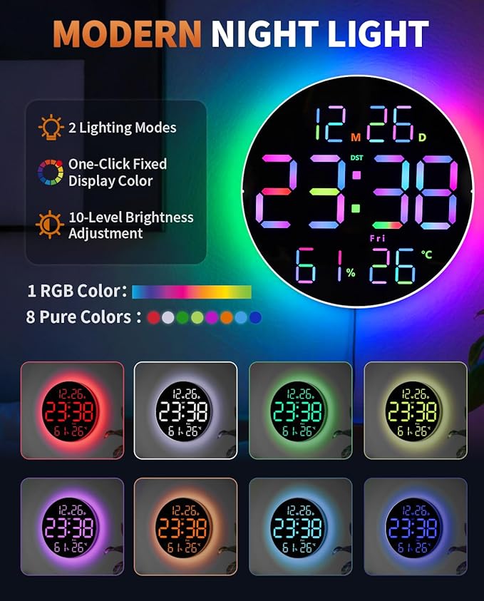 10 Inch Large Digital Wall Clock with 13 Color Changing Remote Control, Date Week Temperature, Auto Brightness Dimmer Big Clock with Night Lights,RGB