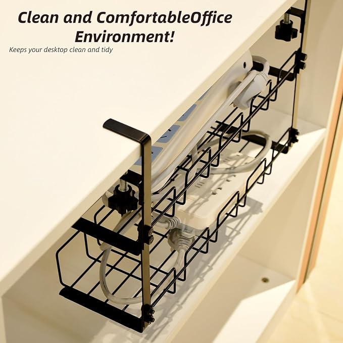 Metal Under Desk Cable Management Tray No Drill, 2-storey, Retractable Power Strip Holder with Clamps Tray with Desk Wire Management and Cord Organizer for Home Office (Black, 2L)