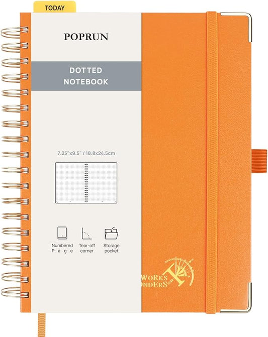 POPRUN Spiral Dotted Journal Notebook, 7-1/4" x 9-1/2" - 120 GSM Thick Paper, 220 Numbered Pages, Hardcover for Men & Women with Pocket, Index Tabs, 8 Perforated Sheets, Orange