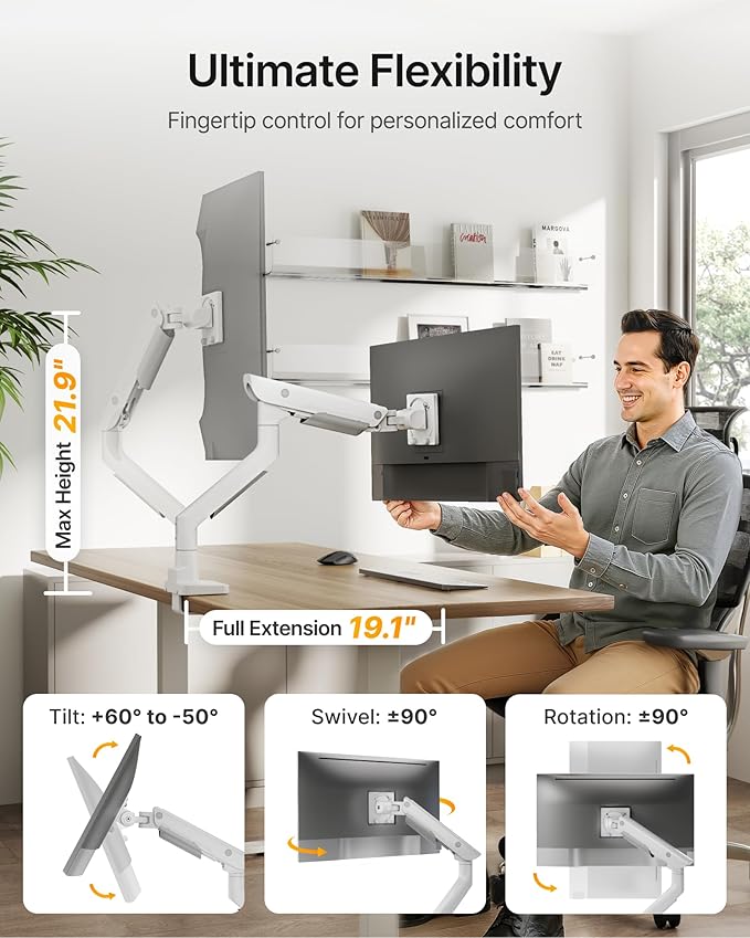 monTEK Sleek Aluminum Monitor Arm for 17–57” Ultrawide Screens up to 59 lbs, Heavy Duty Single Monitor Arm Desk Mount, Pneumatic Lift, Quick-Release Plate, Clamp/Grommet, Max VESA 100x100