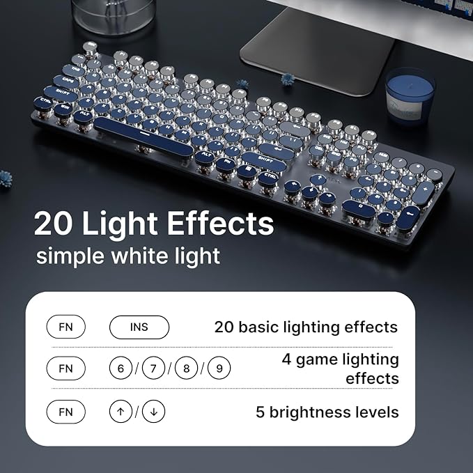 EWEADN Typewriter Keyboard Wireless Mechanical Keyboard, 104 Keys Gradient Color Typewriter Keyboards with White Backlit, Anti-Ghosting, Blue Switch Bluetooth/2.4GHz/Wired Keyboards-Blue