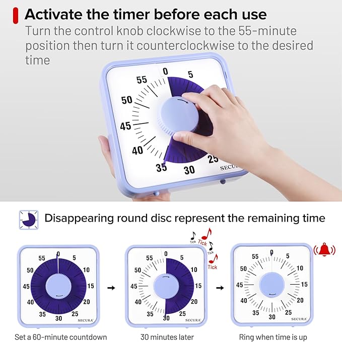 Secura 7.5 Inch Visual Timer, 60 Minute Oversize Visual Countdown Timer for Kids and Adults, Durable Mechanical Time Management Tool (Violet)
