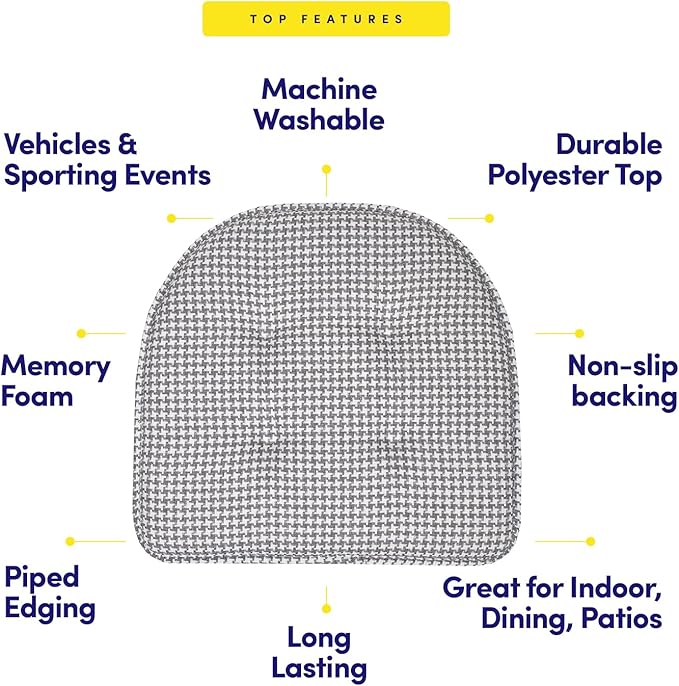 Sweet Home Collection Chair Cushion Memory Foam Pads Tufted Slip Non Skid Rubber Back U-Shaped 17" x 16" Seat Cover, 2 Count (Pack of 1), Houndsooth Gray