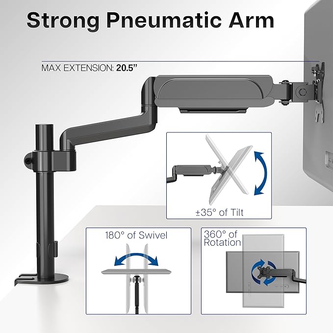 VIVO Single Monitor Arm Mount for 17 to 32 inch Screens - Pneumatic Height Adjustment, Full Articulating Tilt, Swivel, Heavy Duty VESA Stand with Desk C-clamp and Grommet Option STAND-V001K