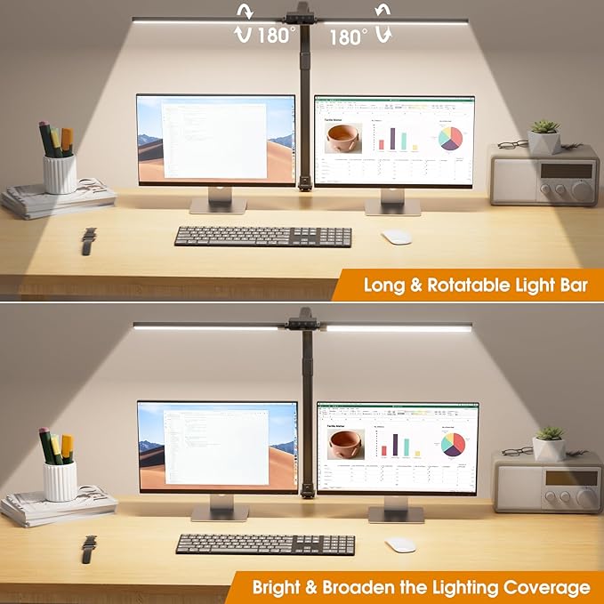 LED Desk Lamp for Home Office - Eye-Caring Computer Desk Light with Clamp, Rotatable Computer Lighting with Color Changing, Dimmable Monitor Table Lamp with Gooseneck, Double Head, Black