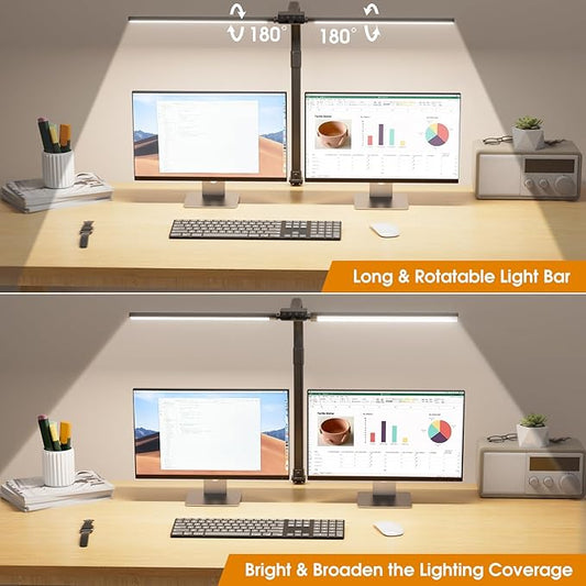 LED Desk Lamp for Home Office - Eye-Caring Computer Desk Light with Clamp, Rotatable Computer Lighting with Color Changing, Dimmable Monitor Table Lamp with Gooseneck, Double Head, Black