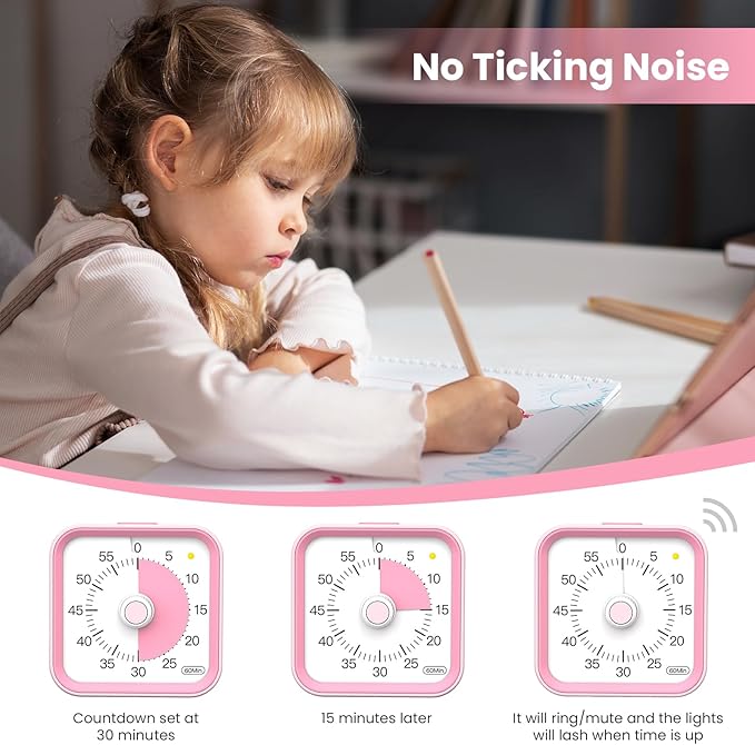 Visual Timer for Kids with Pause Function, 60 Minute Countdown Timer for Kids Desk Study, Teaching, Kitchen Cooking, Office Meetings, Time Management for ADHD (Pink)