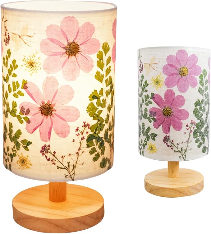 Dried Flowers Table Lamp 5W LED 3-Color Pressed Flower Bedside Lamp Linen Shade with Wood Base for Bedroom Living Room Desk Office