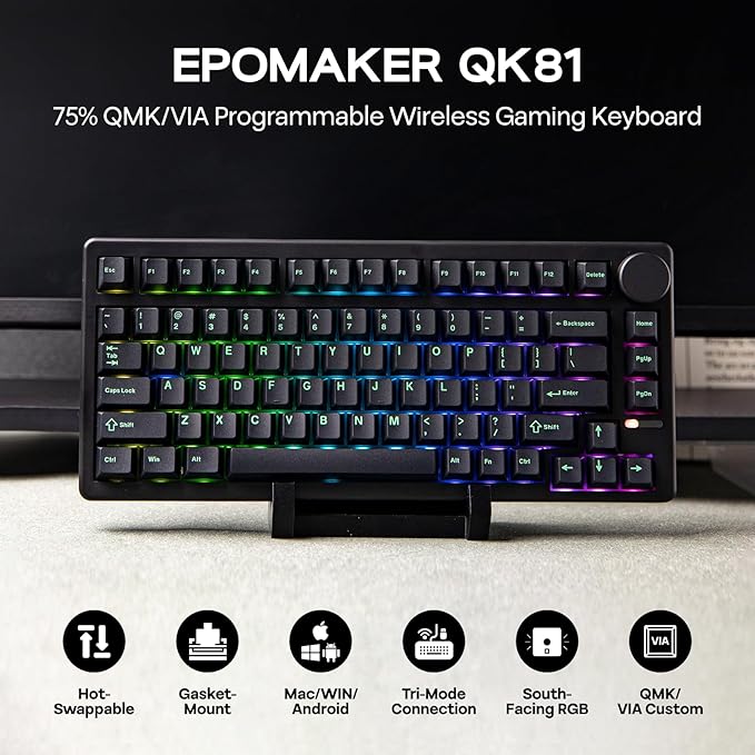 EPOMAKER QK81 75% Wireless Mechanical Gaming Keyboard, QMK/VIA Programmable and Hot-Swappable, 81 Keys with Metal Knob, 2.4Ghz/BT/USB, Creamy Gasket-Mount, RGB Backlight (Black, Flamingo Switch)
