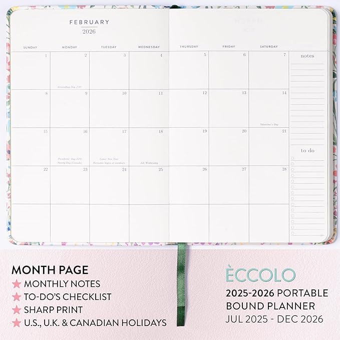 2025-2026 Eccolo 18 Month Bound Planner, Monthly & Weekly Pages (5.25 x 7.75" - July 2025 - Dec 2026 - Flower Garden)