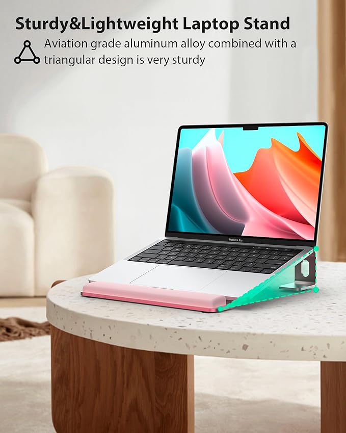 NTMY Aluminum Laptop Stand for Desk with Wrist Rest Pad,Computer Stand for Laptop,Ventilated Ergonomic Laptop Stand Riser on Desk for MacBook/HP/Dell/Acer/Lenovo 10-17.3'' (Pink)