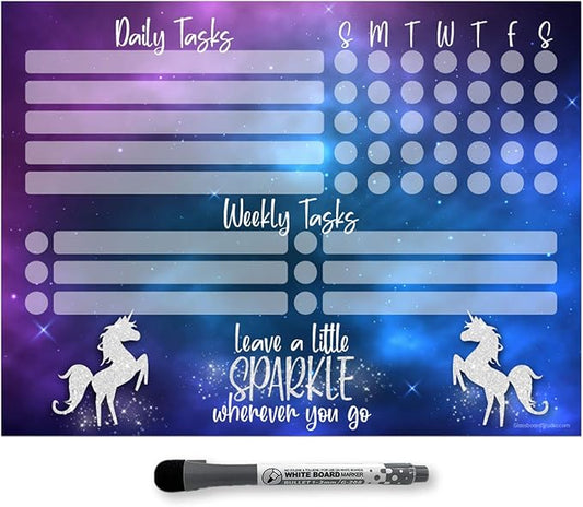 Dry Erase Whiteboard Task Planner | Removable and Restickable Adhesive Decal | Fine-Tip Magnetic Marker Included (9 x 12 inches, Unicorn Sparkle)