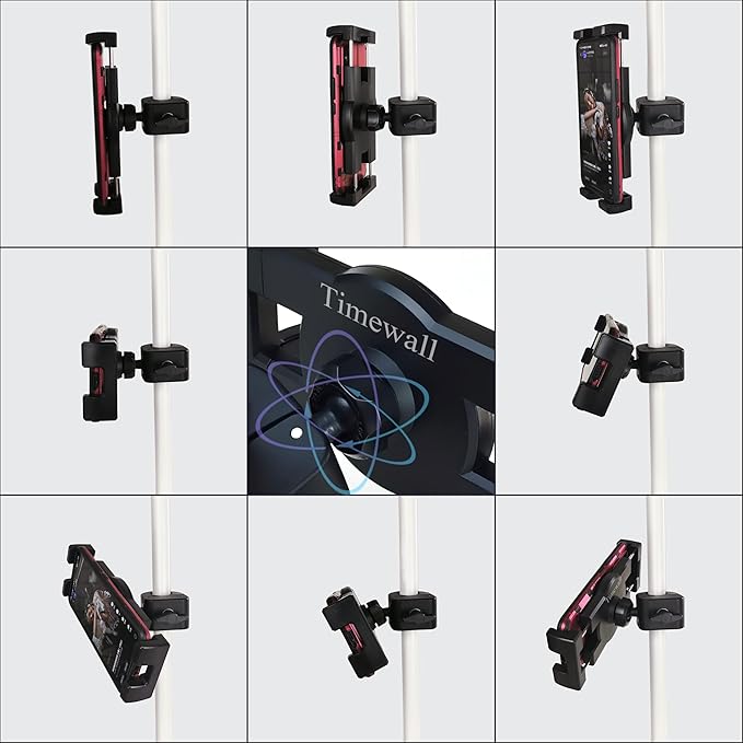 Timewall Tablet Phone Mount with Clamp, Universal iPad iPhone Holder Stand for Spin Bike, Stationary Exercise Bicycle, Treadmill, Elliptical, Mic Stand, Boat, Handlebar, Fits 5-12.9" Tab Phone