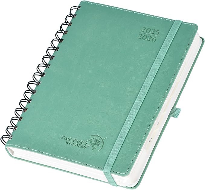 POPRUN Daily Planner 2025-2026 One Page per Day (6'' x 8.5'') with Spiral Bound Leather Soft Cover, Academic Year Appointment Book (Jul.2025 - Jun.2026) with Hourly Slots, Inner Pocket- Midnight Green