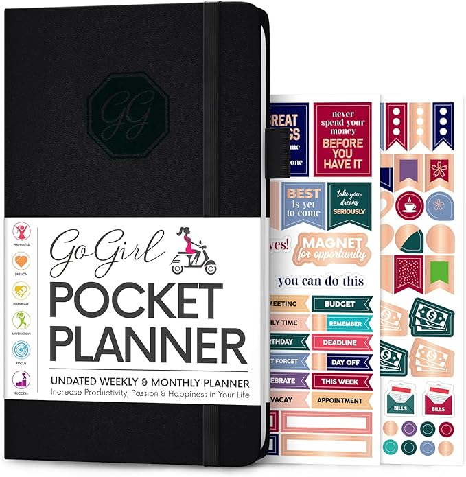GoGirl Planner and Organizer for Women – Pocket Weekly Planner, Goals Journal & Agenda for Time Management & Productivity. Undated (Black)