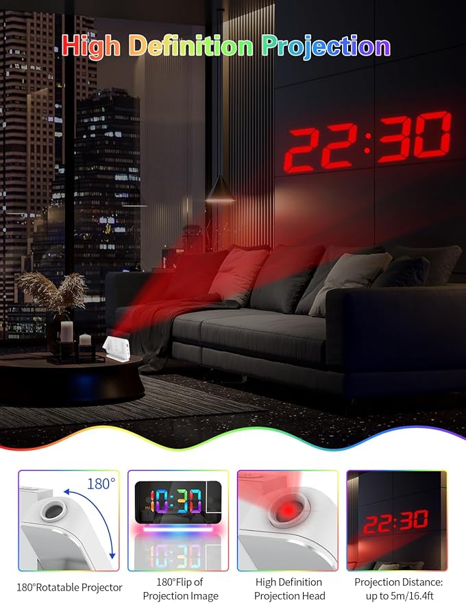 Projection Alarm Clock, Digital Colorful Clock with 180° Rotatable Projector, Mirror Clocks with RGB Night Light,Snooze,12/24H, Dual Charger Port, Auto Dimmer, LED Desk Clock for Bedroom