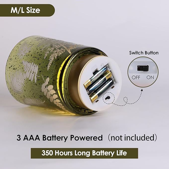 Eywamage Large Battery Operated Glass Table Lamp, Boho Green Ferns Leaves Mood Light with Remote, Cordless Bedside Accent Lamp Room Decor