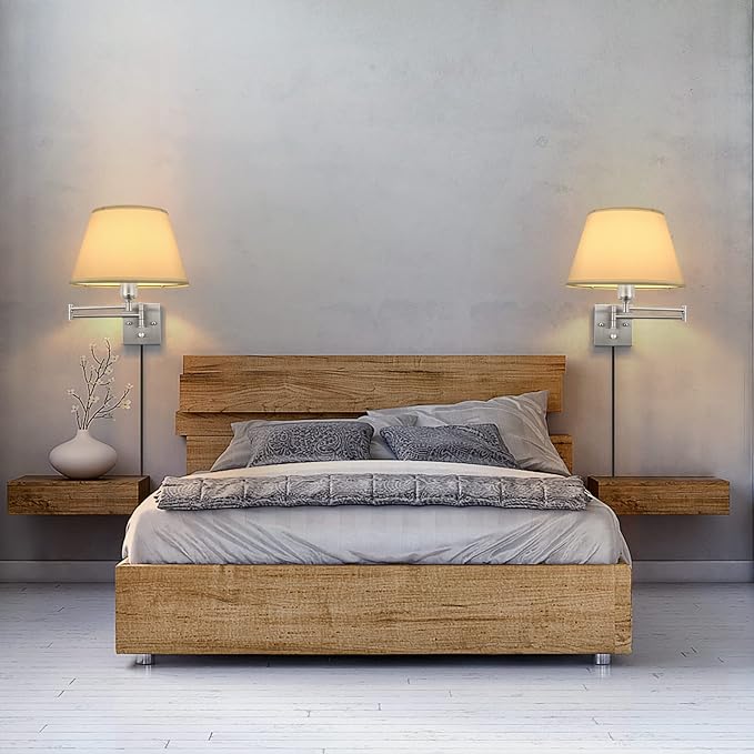 TRLIFE Dimmable Wall Sconce Plug in, Brushed Nickel Wall Sconces Set of Two Swing Arm Wall Lights with Plug in Cord and On/Off Dimmer Rotary Switch, 11.8" Large White Fabric Shade(2 Pack, 2 Bulbs)