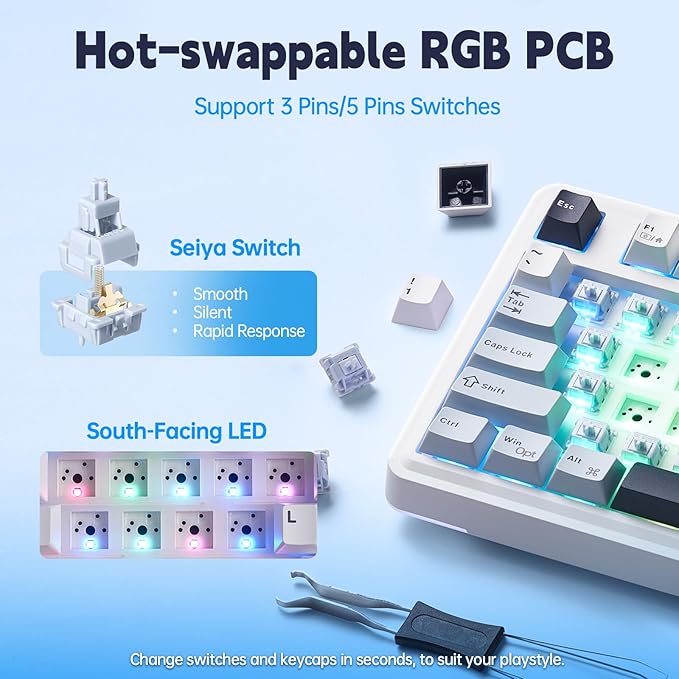 Aula AU75 Mechanical Keyboard,Wireless Gaming Keyboard with Knob,75% Hot Swappable RGB Backlit Custom PBT Keycap for Windows/Mac - Seiya Switch,Blue