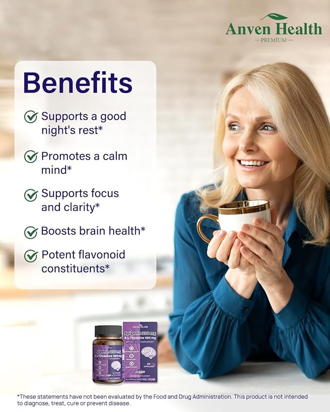 400mg L-Theanine with 200mg Apigenin Supplement for Sleep-Natural Relaxation & Stress Relief - Gluten Free,Non-GMO, Zero Fillers - Made in USA | 60 Veggie Capsules