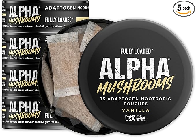 Fully Loaded Alpha Mushroom Pouches - Adaptogen Nootropic Pouches (5-Pack, Vanilla) - Lion's Mane, Cordyceps, & Chaga - 5 cans, 15 Pouches per can - Functional Mushrooms - Made in The USA