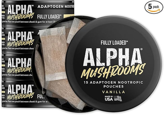 Fully Loaded Alpha Mushroom Pouches - Adaptogen Nootropic Pouches (5-Pack, Vanilla) - Lion's Mane, Cordyceps, & Chaga - 5 cans, 15 Pouches per can - Functional Mushrooms - Made in The USA