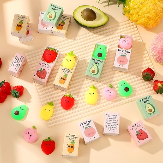 Wettarn 24 Sets Appreciation Fruit Gifts Cute Stress Balls with Support Gift Boxes Inspirational Party Favors for Employee Coworker Friends Office Positive Relief Toys
