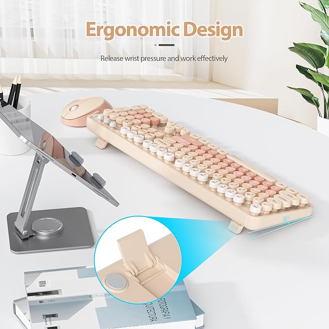 Fogruaden Retro Typewriter Keyboard and Mouse Wireless, 2.4GHz Office Full-Sized Colorful Computer Keyboard with Number Pad and Cute Mouse for Windows PC Desktops Laptop